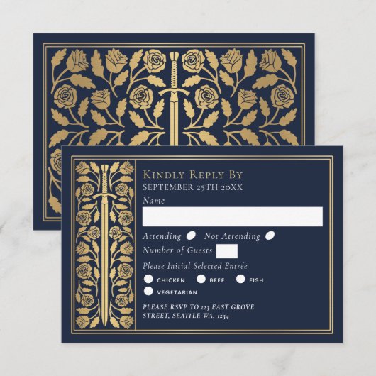 Gold Blue Medieval Sword Wedding RSVP (正面/裏面)