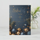 Gold Blue Ornament with Greenery Holiday Christmas 招待状 (スタンド正面)