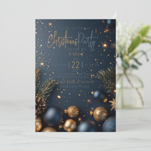 Gold Blue Ornament with Greenery Holiday Christmas 招待状 (スタンド正面)