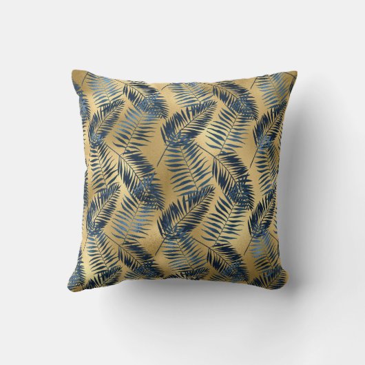 Gold Blue Palm Leaf Throw Pillow クッション (裏面)