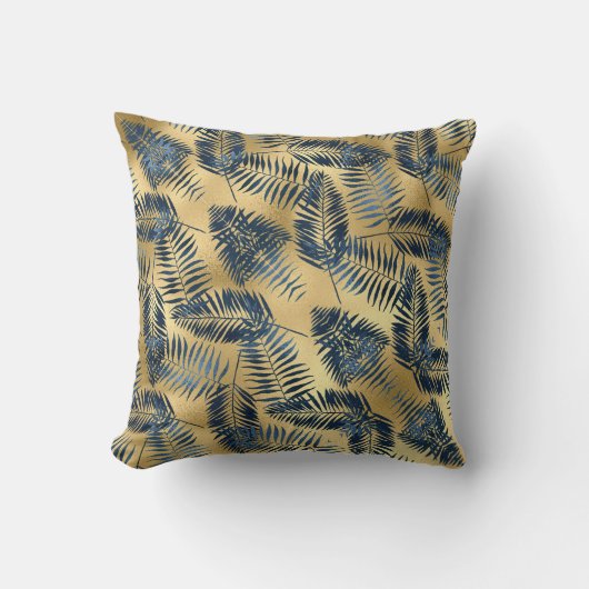 Gold Blue Palm Leaf Throw Pillow クッション (正面)