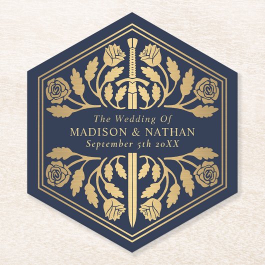 Gold Blue Royal Medieval Sword Wedding ペーパーコースター (正面)
