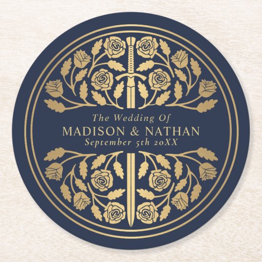 Gold Blue Royal Medieval Sword Wedding ラウンドペーパーコースター (正面)