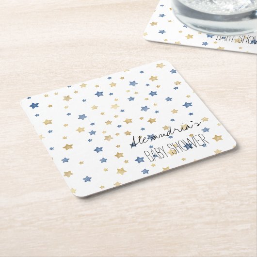 Gold Blue Starlight Stars Personalized Baby Shower スクエアペーパーコースター (アングル)