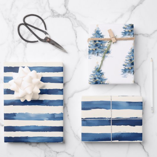 Gold Blue Stripes Christmas Tree ラッピングペーパーシート (正面)