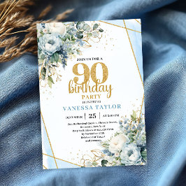 Gold Blue Watercolor Elegant 90th Birthday Invite 招待状