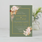 Gold Blush Flowers Sage Green Pampas Grass Wedding 箔招待状 (立ち正面)
