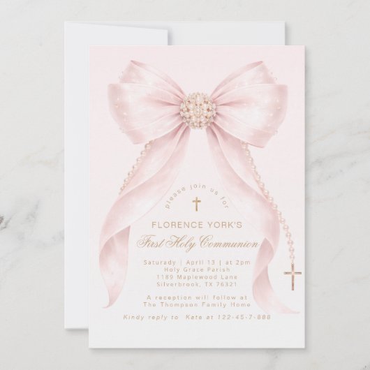 Gold Blush Pink Bow First Holly Communion 招待状 (正面)