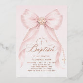 Gold Blush Pink Bow Girl Baptism Christian 箔招待状 (正面)