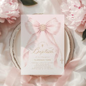Gold Blush Pink Bow Girl Baptism Religious 招待状