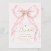 Gold Blush Pink Bow Girl Baptism Religious 招待状 (正面)