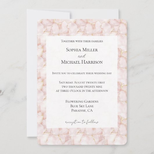 Gold Blush Pink Rose Petals Floral Wedding 招待状 (正面)