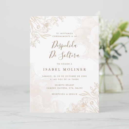 Gold Boho Wildflowers Spanish Bridal Shower 招待状 (スタンド正面)