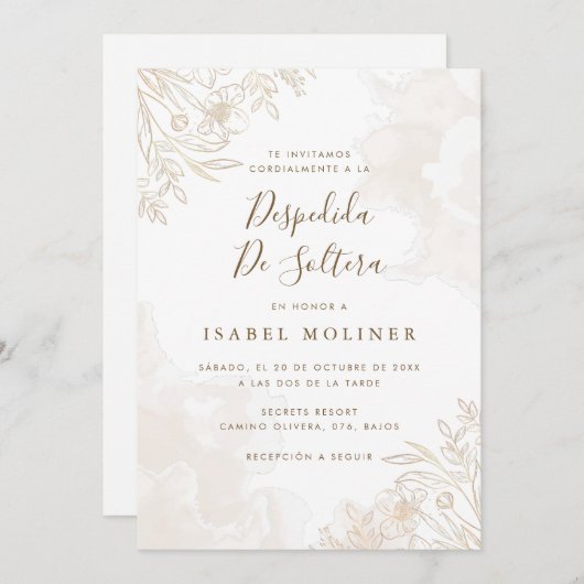 Gold Boho Wildflowers Spanish Bridal Shower 招待状 (正面/裏面)