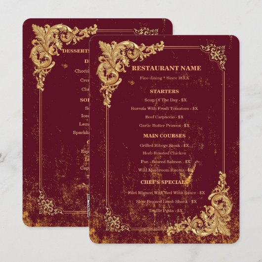 Gold Bordeaux Editable Menu with QR Code メニュー (正面/裏面)