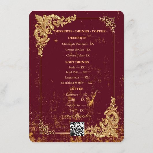Gold Bordeaux Editable Menu with QR Code メニュー (裏面)