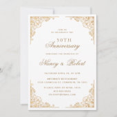 Gold Border Ornate White 50th Wedding Anniversary 招待状 (正面)