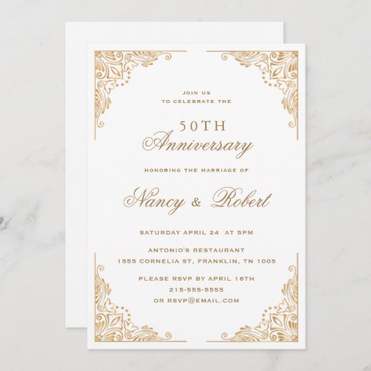 Gold Border Ornate White 50th Wedding Anniversary 招待状 (正面/裏面)