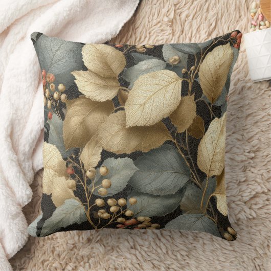 Gold Botanical Leaf Throw Pillow クッション (ブランケット)