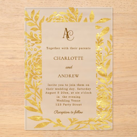 Gold botanical monogram clear luxury wedding アクリル招待状 (正面)