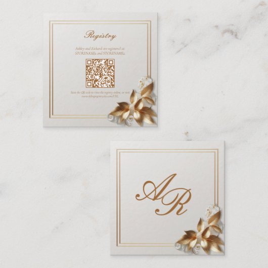 Gold Botanical Wedding Registry QR Code エンクロージャーカード (正面/裏面)
