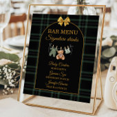 Gold Bow Bear Tartan Baby Shower Bar Menu ポスター