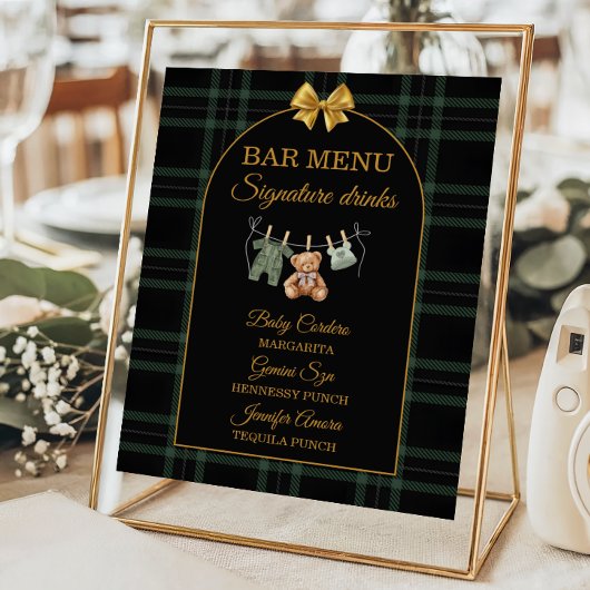 Gold Bow Bear Tartan Baby Shower Bar Menu ポスター