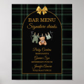 Gold Bow Bear Tartan Baby Shower Bar Menu ポスター (正面)