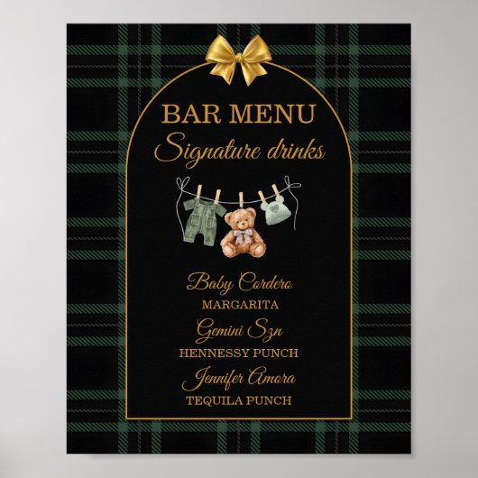 Gold Bow Bear Tartan Baby Shower Bar Menu ポスター (正面)