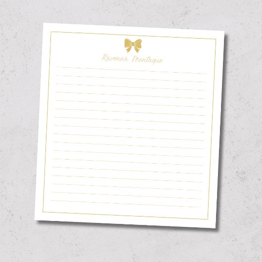 Gold Bow Border Handwritten Custom Name Lined  No ノートパッド