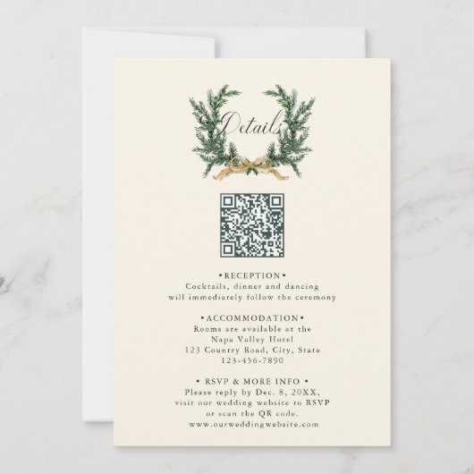Gold Bow & Green Garland Wedding All in One Ivory 招待状 (裏面)