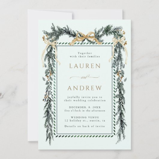 Gold Bow & Green Garland Wedding All in One Mint 招待状 (正面)