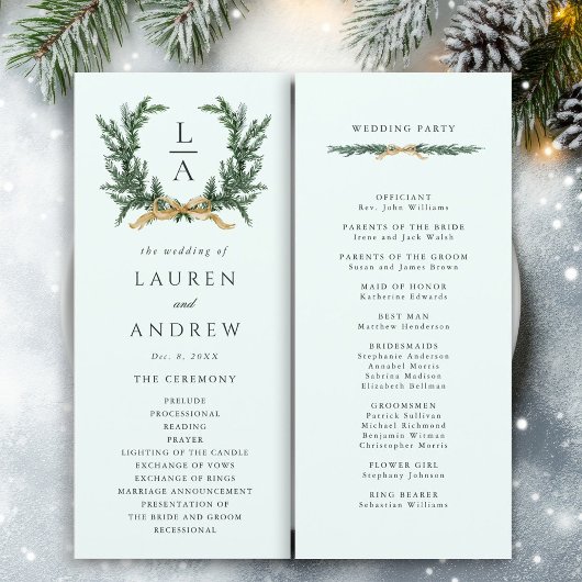 Gold Bow & Green Garland Wedding Ceremony Mint プログラム