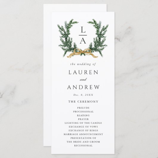 Gold Bow & Green Garland Wedding Ceremony Program プログラム (正面/裏面)