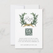 Gold Bow & Green Pine Wreath Wedding QR Code 出欠カード (正面)