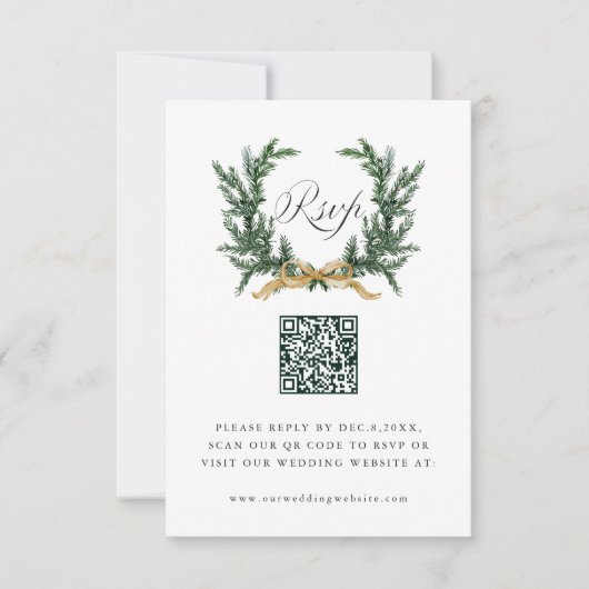 Gold Bow & Green Pine Wreath Wedding QR Code 出欠カード (正面)