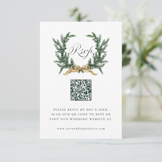 Gold Bow & Green Pine Wreath Wedding QR Code 出欠カード (スタンド正面)