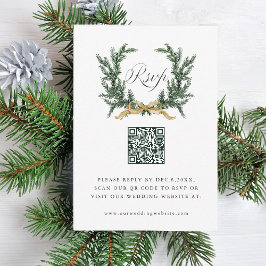 Gold Bow & Green Pine Wreath Wedding QR Code 出欠カード