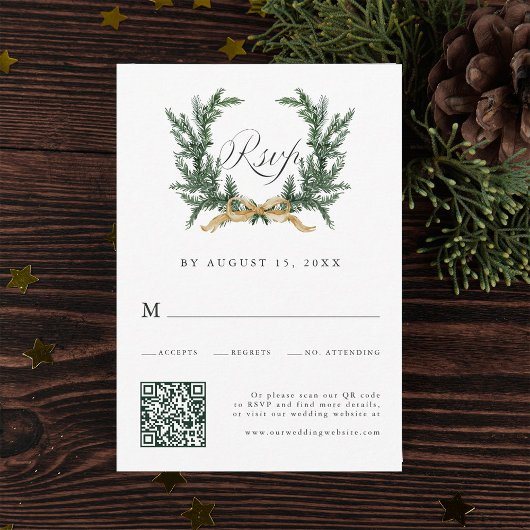 Gold Bow & Green Pine Wreath Wedding QR Code 出欠カード