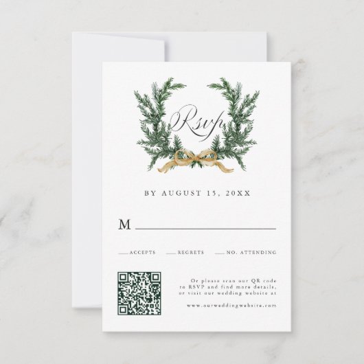 Gold Bow & Green Pine Wreath Wedding QR Code 出欠カード (正面)