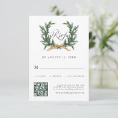 Gold Bow & Green Pine Wreath Wedding QR Code 出欠カード (スタンド正面)