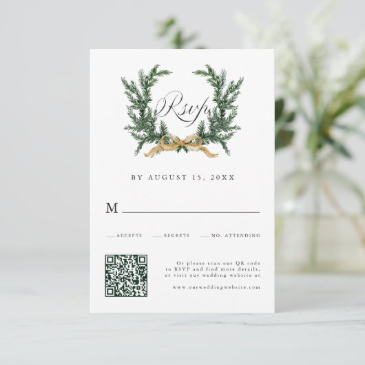 Gold Bow & Green Pine Wreath Wedding QR Code 出欠カード (スタンド正面)