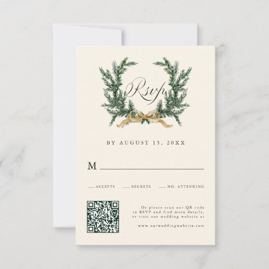 Gold Bow & Green Pine Wreath Wedding QR Code Ivory 出欠カード (正面)