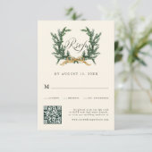 Gold Bow & Green Pine Wreath Wedding QR Code Ivory 出欠カード (スタンド正面)