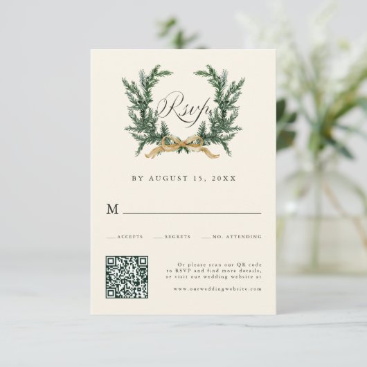 Gold Bow & Green Pine Wreath Wedding QR Code Ivory 出欠カード (スタンド正面)