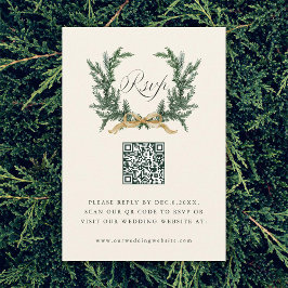 Gold Bow & Green Pine Wreath Wedding QR Code Ivory 出欠カード