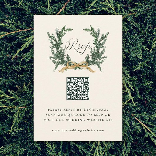 Gold Bow & Green Pine Wreath Wedding QR Code Ivory 出欠カード