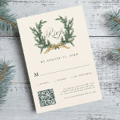 Gold Bow & Green Pine Wreath Wedding QR Code Ivory 出欠カード