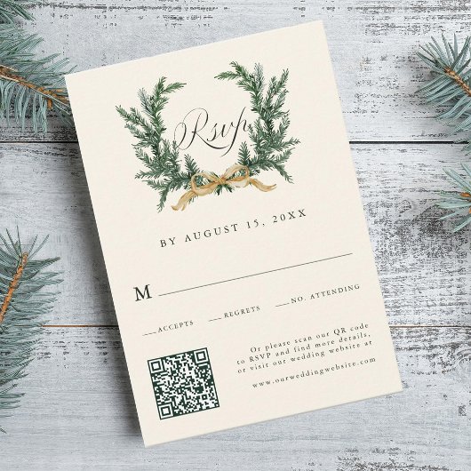 Gold Bow & Green Pine Wreath Wedding QR Code Ivory 出欠カード