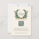 Gold Bow & Green Pine Wreath Wedding QR Code Ivory 出欠カード (正面)